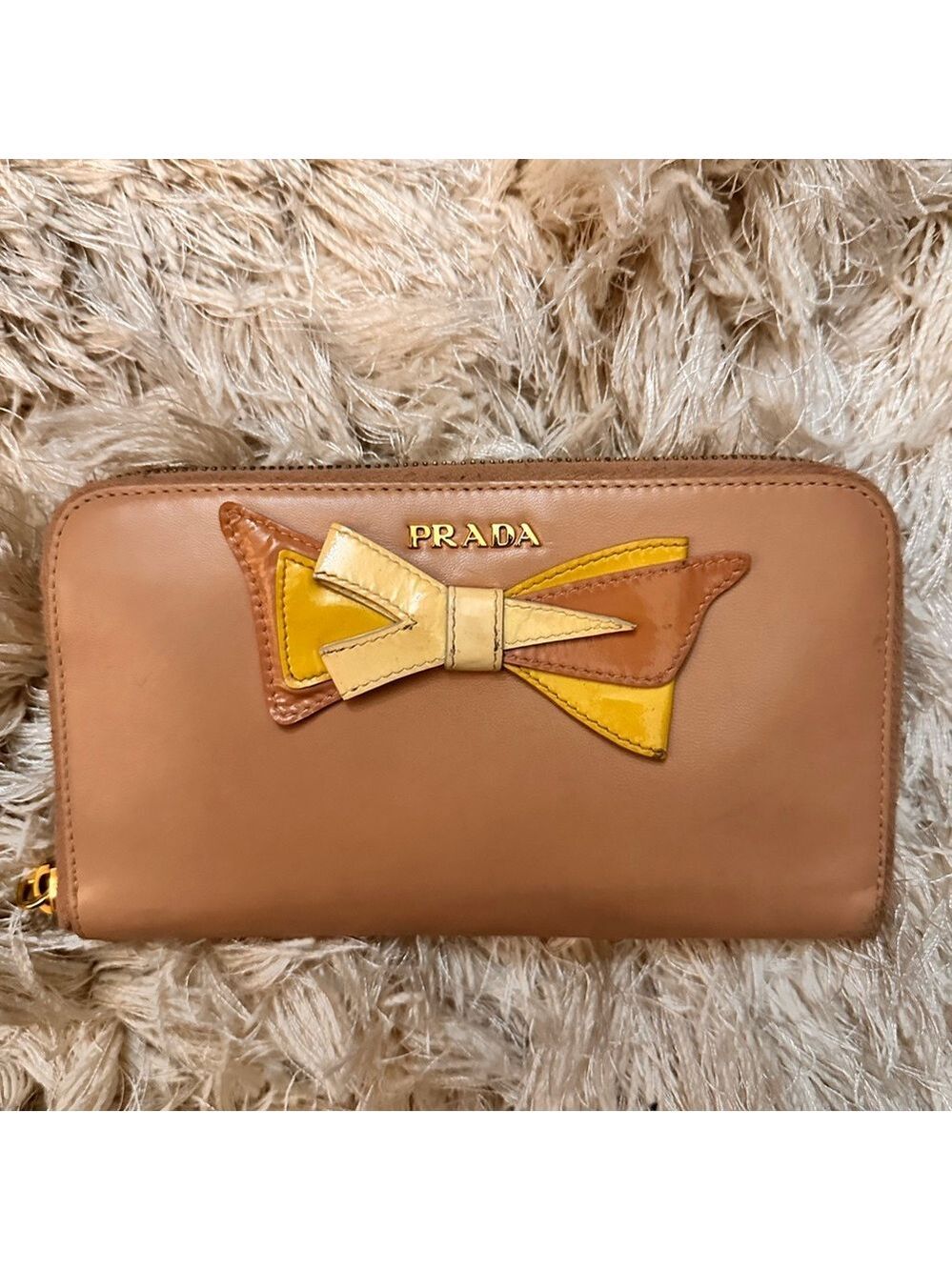 Rare Prada Tan Leather Wallet with Yellow and Cream Bow - w/ COA